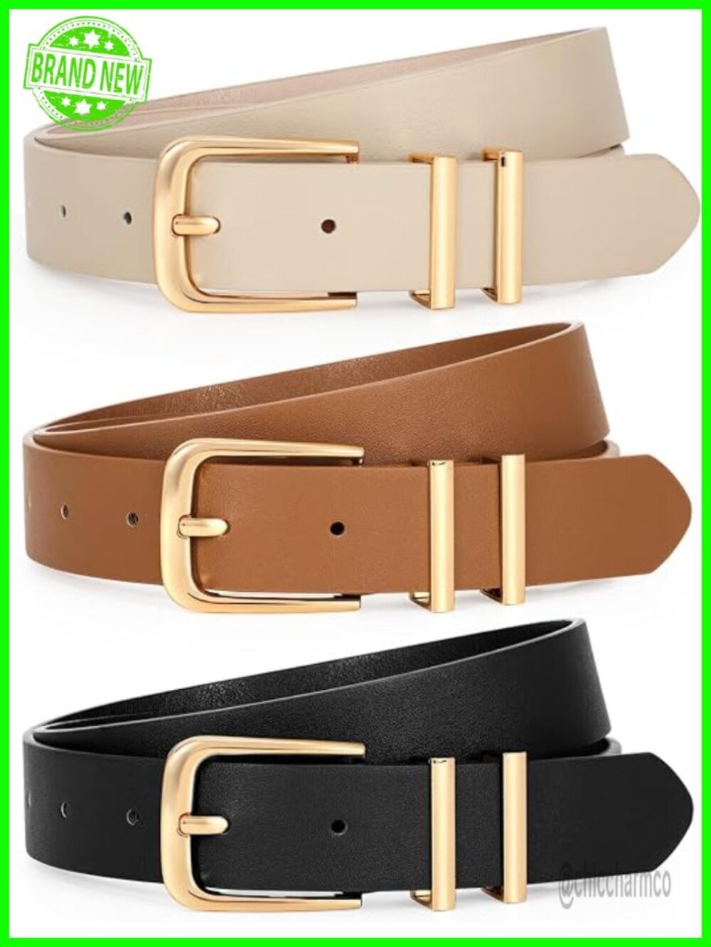 3 Pack Faux Leather Belts with Gold Buckle for Women